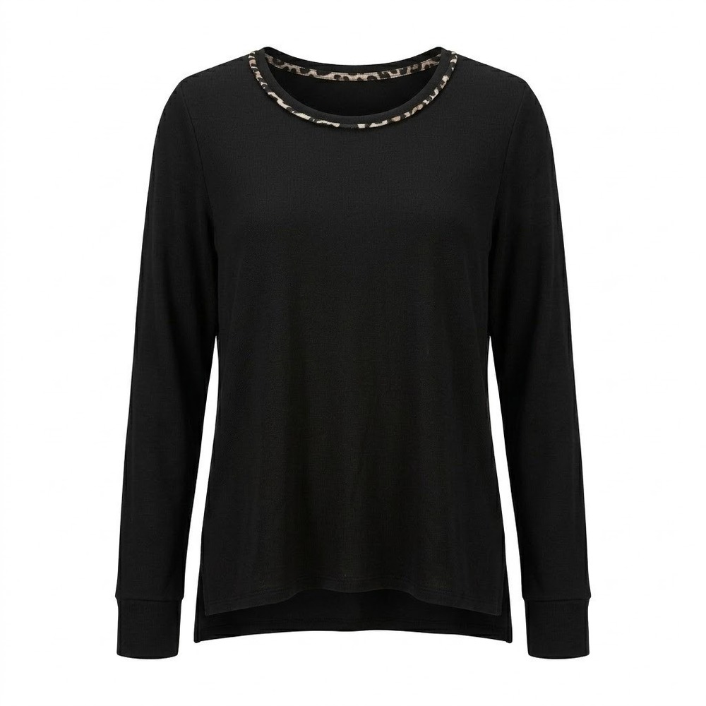 Kate Spade New York Black Sweater SMALL Leopard Trim Pleated Back High-Low Hem